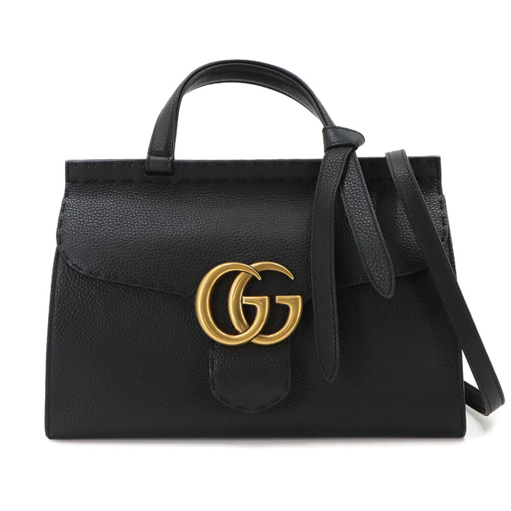 Gucci GG Marmont 2-way Hand/Shoulder Handbag, Leather, Black, 421890, Gold Ha...